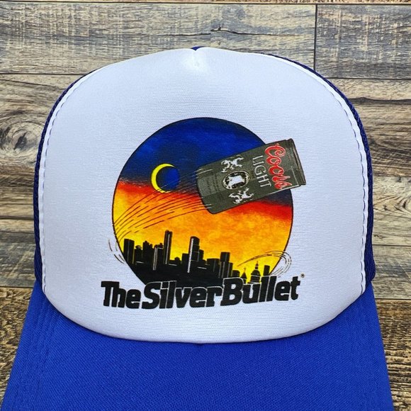 Light Beer Silver Bullet Mens Trucker Hat Blue Snapback 80s Beer Advertisement - Picture 3 of 8